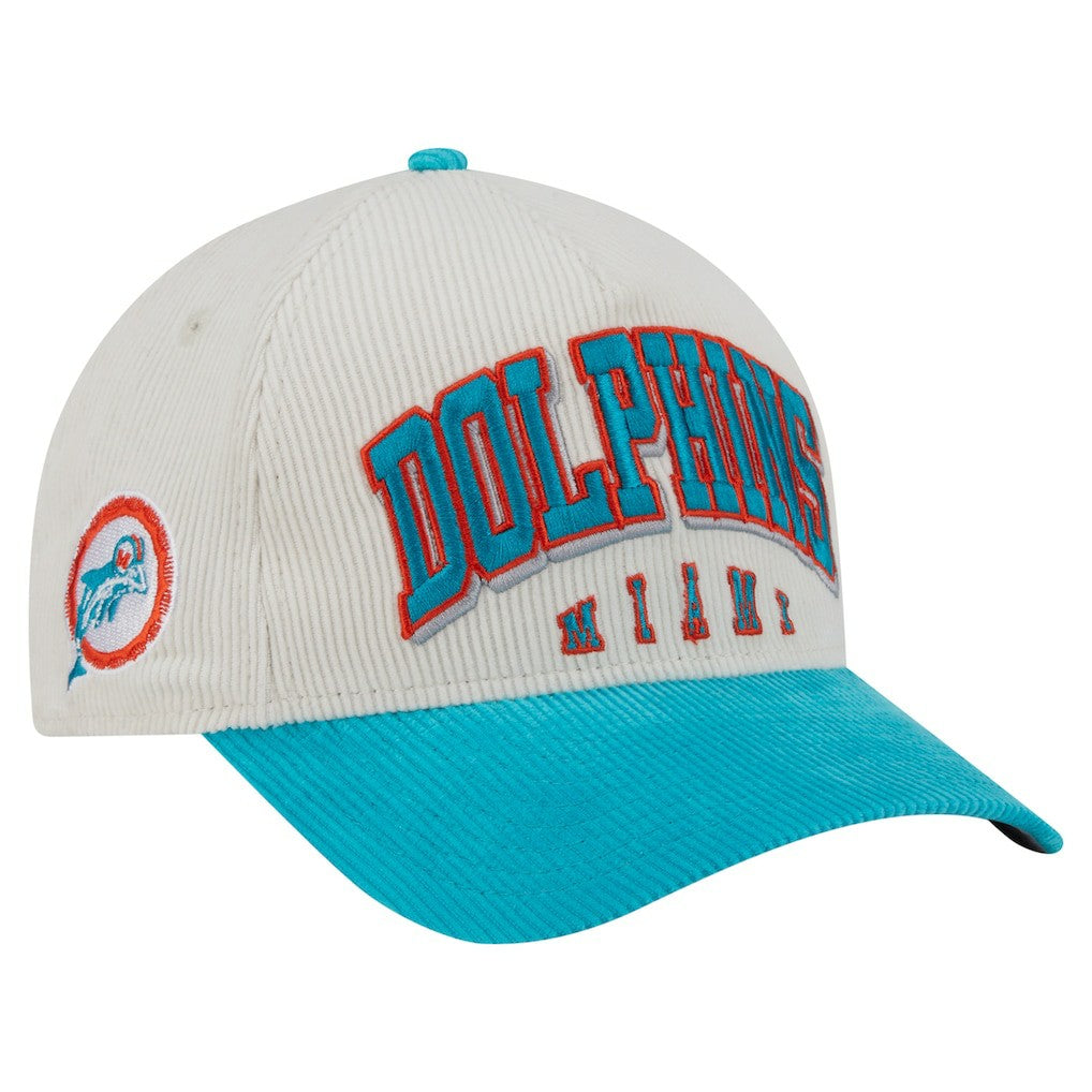 Miami Dolphins New Era Throwback Two-Tone Sided Corduroy 9FORTY A-Frame Adjustable Hat Cream/Aqua