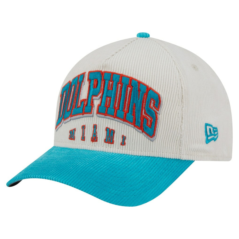 Miami Dolphins New Era Throwback Two-Tone Sided Corduroy 9FORTY A-Frame Adjustable Hat Cream/Aqua