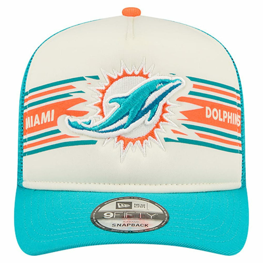 Miami Dolphins New Era Banner A-Frame 9FIFTY Trucker Snapback Hat Cream/Aqua