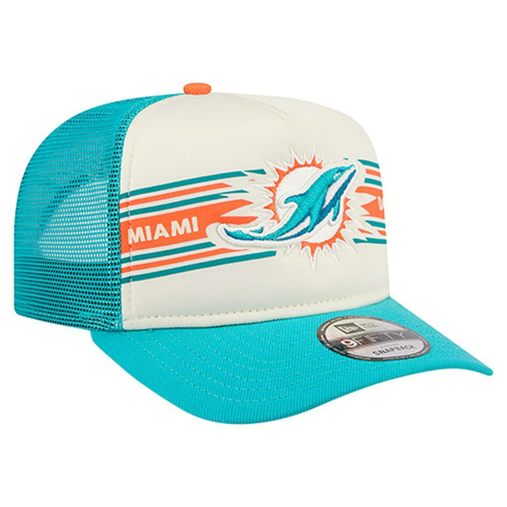 Miami Dolphins New Era Banner A-Frame 9FIFTY Trucker Snapback Hat Cream/Aqua