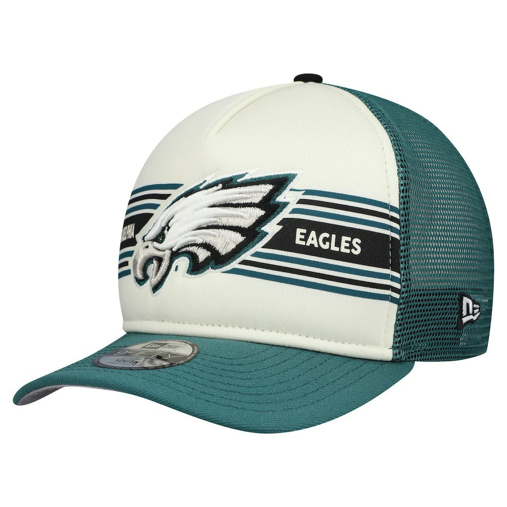 Philadelphia Eagles New Era Youth Banner 9FIFTY A-Frame Adjustable Trucker Hat Cream/Midnight Green