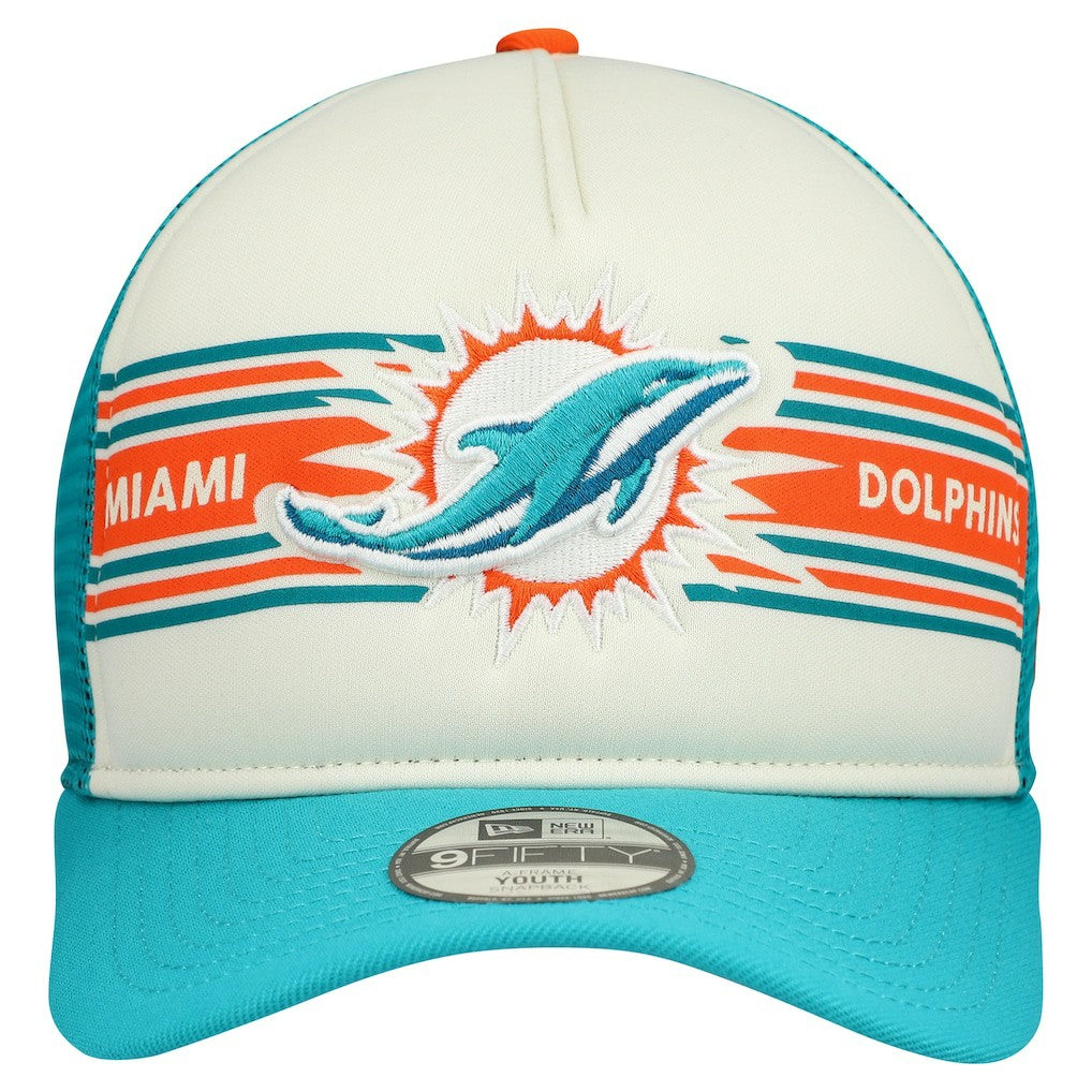 Miami Dolphins New Era Youth Banner 9FIFTY A-Frame Adjustable Trucker Hat Cream/Aqua