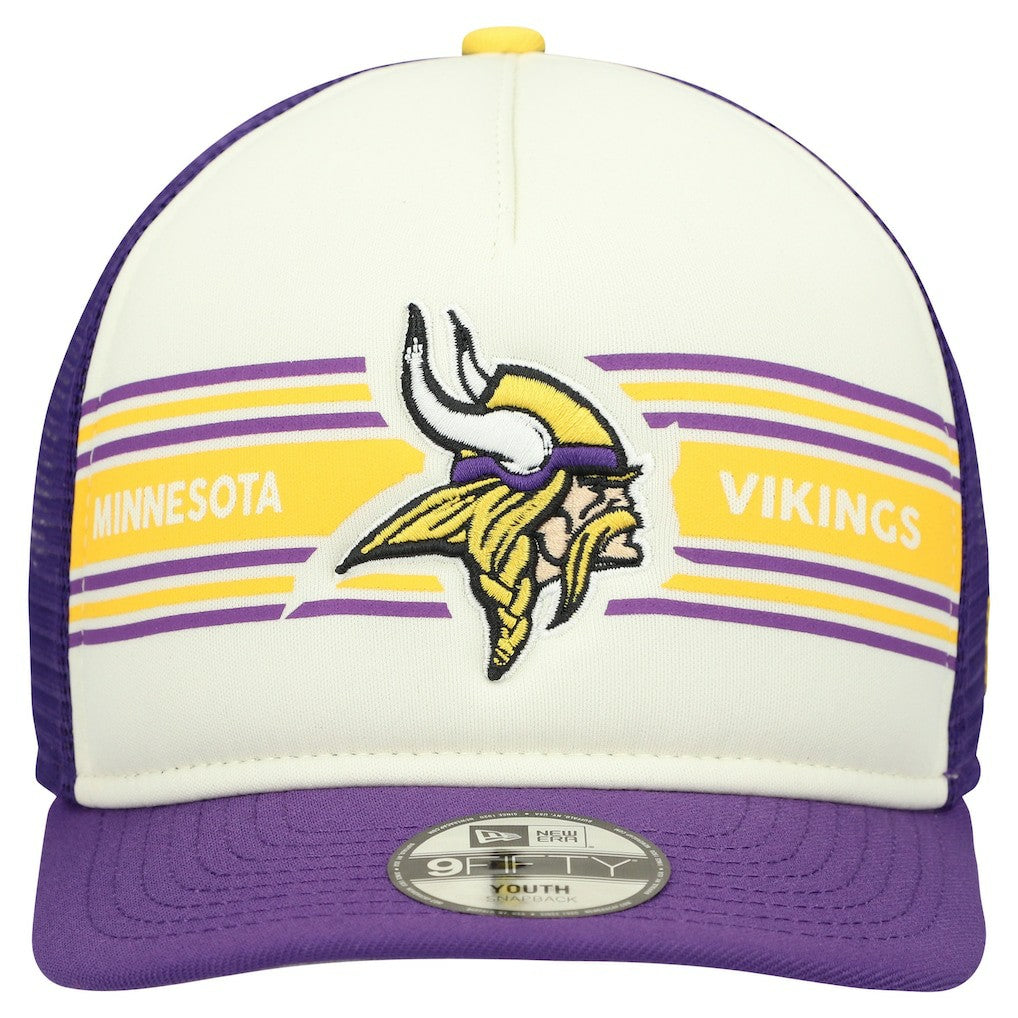 Minnesota Vikings New Era Youth Banner 9FIFTY A-Frame Adjustable Trucker Hat Cream/Purple
