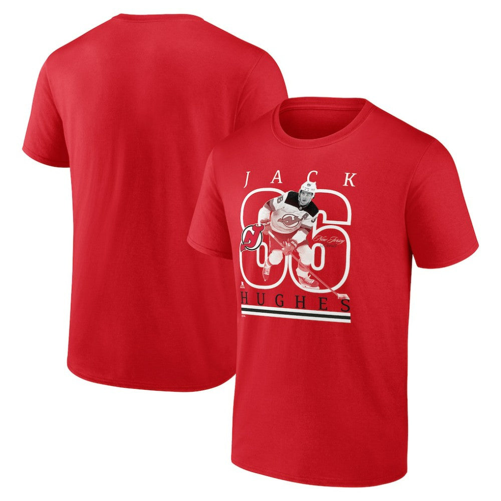 NHL Jack Hughes New Jersey Devils Fanatics Authentic Stack Name & Number T-Shirt - Red