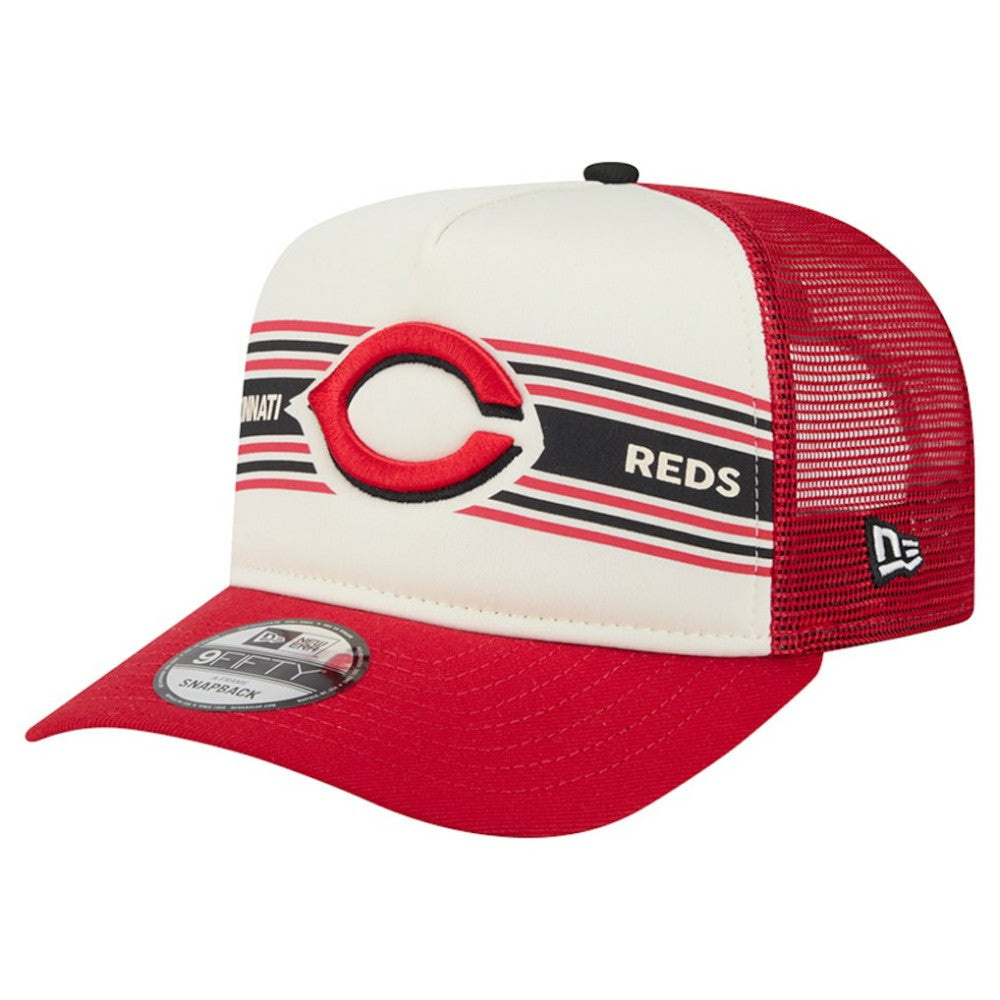 Cincinnati Reds New Era Banner A-Frame 9FIFTY Trucker Snapback Hat - Cream/Red Hats