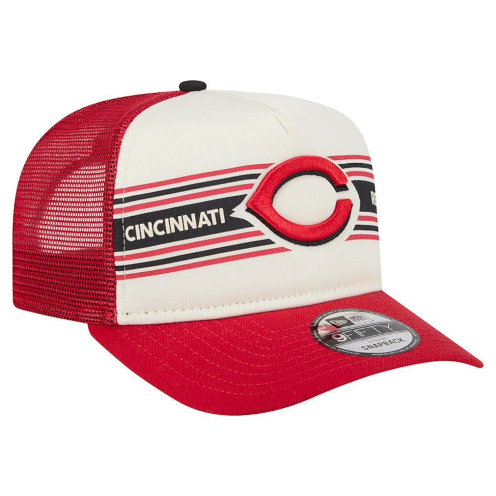Cincinnati Reds New Era Banner A-Frame 9FIFTY Trucker Snapback Hat - Cream/Red Hats