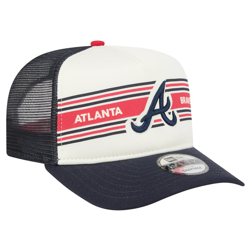 Atlanta Braves New Era Banner A-Frame 9FIFTY Trucker Snapback Hat - Cream/Navy Hats