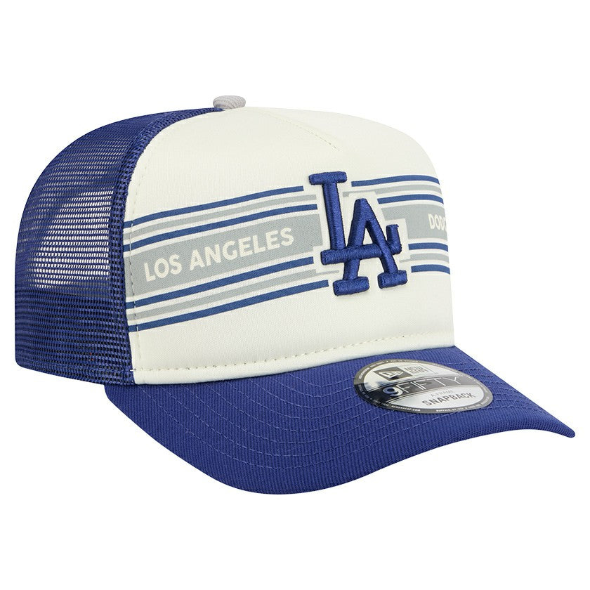 Los Angeles Dodgers New Era Banner A-Frame 9FIFTY Trucker Snapback Hat - Cream/Royal Hats