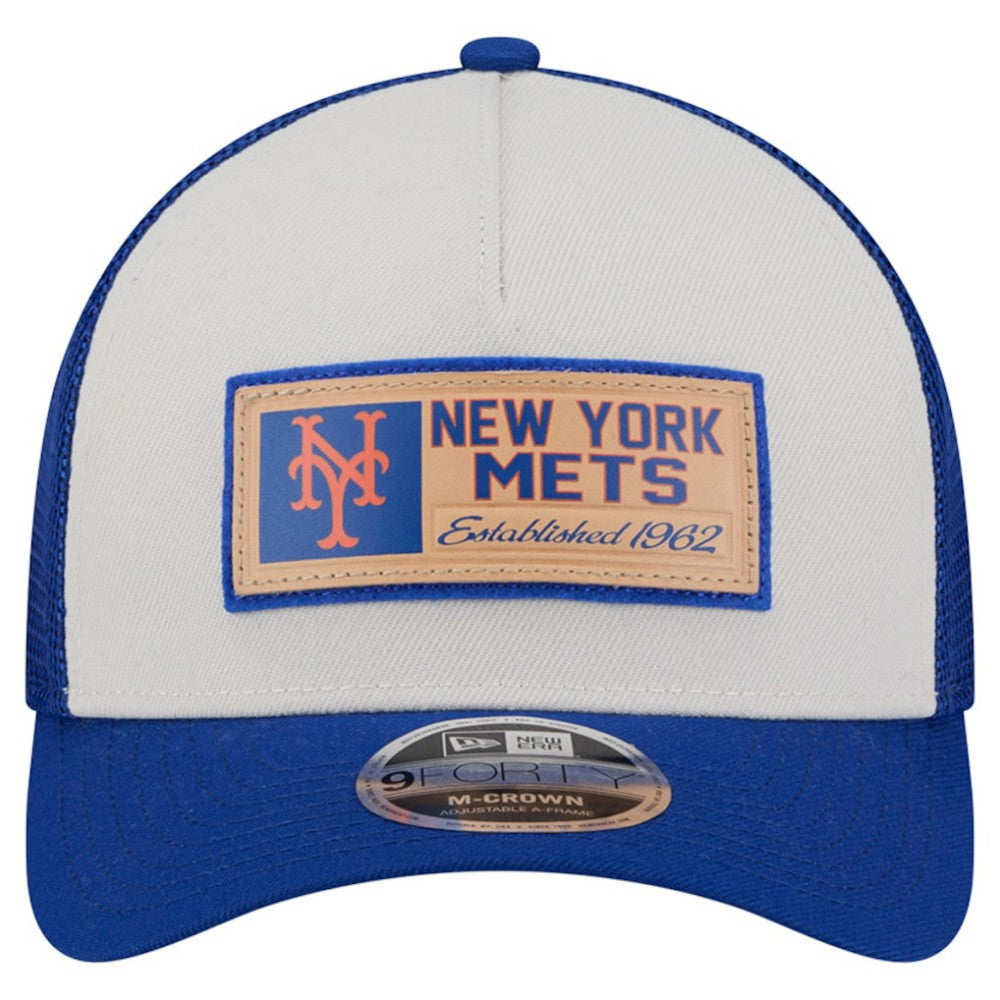 New York Mets New Era Text A-Frame Trucker 9FORTY Hat - Stone/Royal Hats