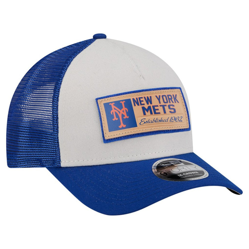 New York Mets New Era Text A-Frame Trucker 9FORTY Hat - Stone/Royal Hats