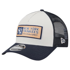 New York Yankees New Era Text A-Frame Trucker 9FORTY Hat - Stone/Navy Hats