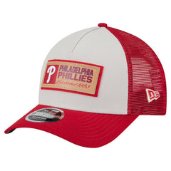 Philadelphia Phillies New Era Text A-Frame Trucker 9FORTY Hat - Stone/Red Hats