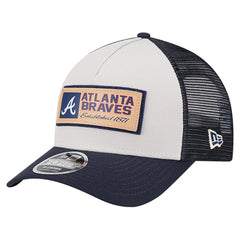 Atlanta Braves New Era Text A-Frame Trucker 9FORTY Hat - Stone/Navy Hats