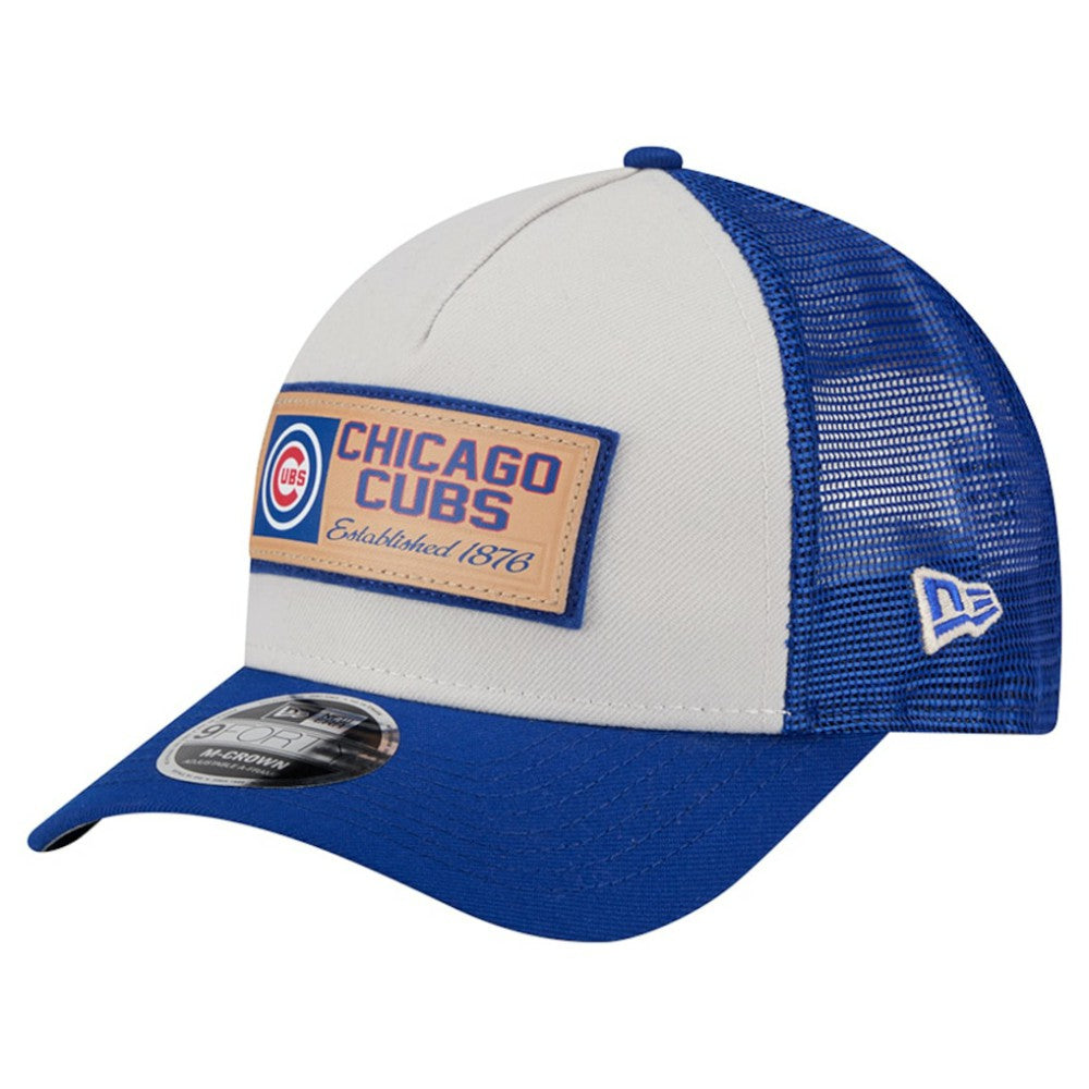 Chicago Cubs New Era Text A-Frame Trucker 9FORTY Hat - Stone/Royal Hats