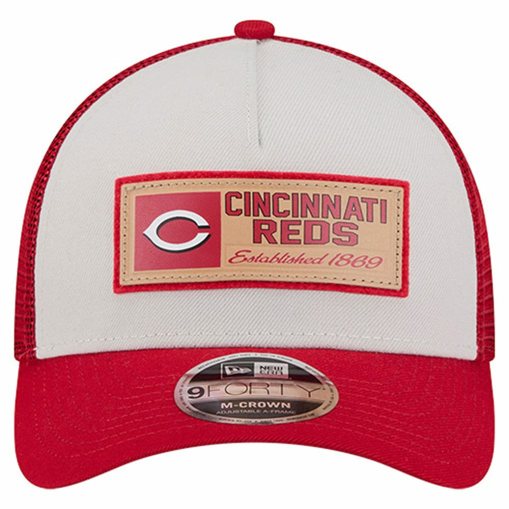Cincinnati Reds New Era Text A-Frame Trucker 9FORTY Hat - Stone/Red Hats
