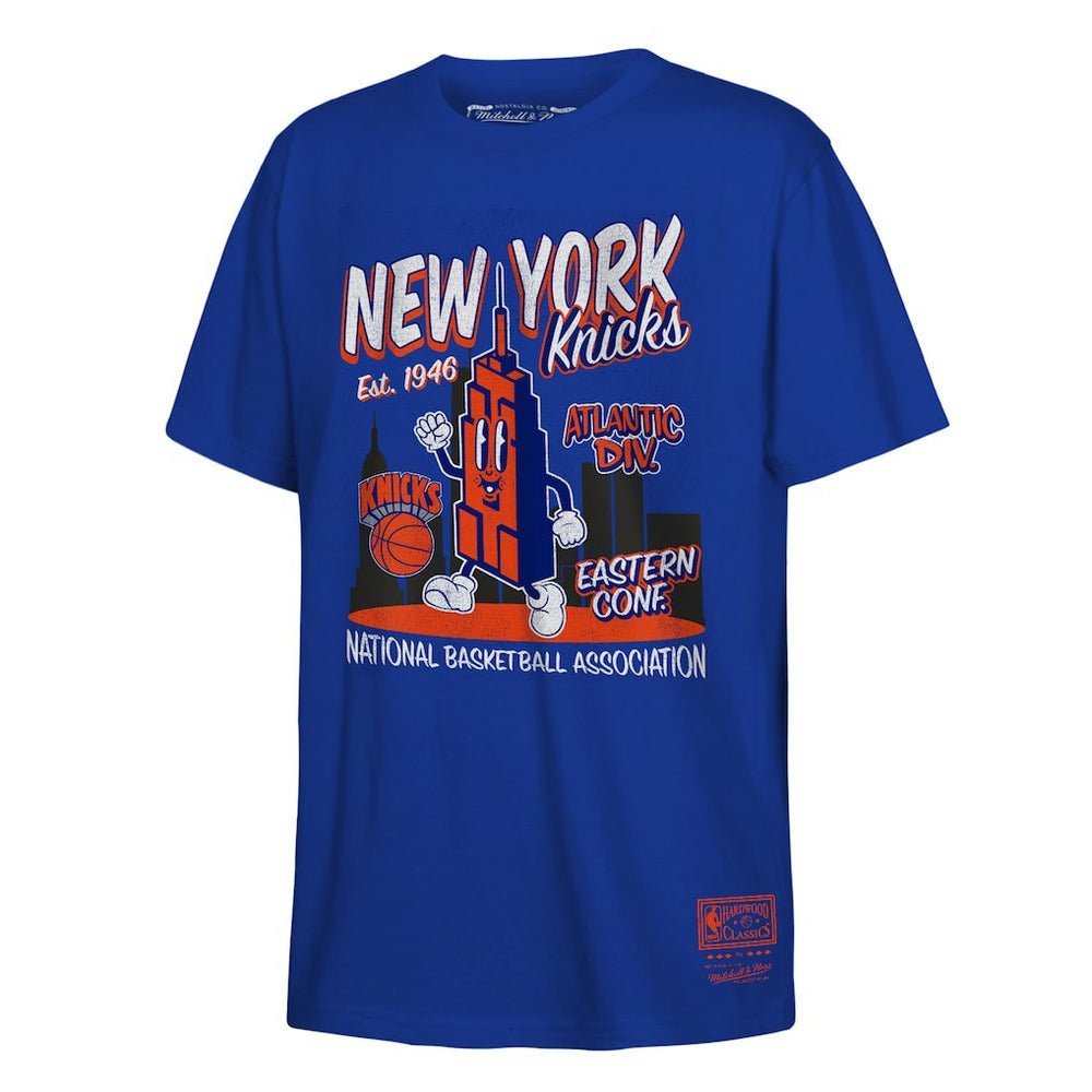 New York Knicks Youth Retro Mascot Script T-Shirt Blue