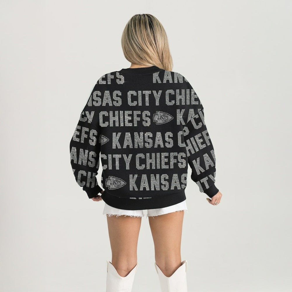 Kansas City Chiefs Gameday Couture Women's Oversized Hype Era Rhinestone Text Sweatshirt Black