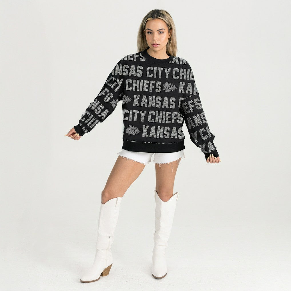 Kansas City Chiefs Gameday Couture Women's Oversized Hype Era Rhinestone Text Sweatshirt Black