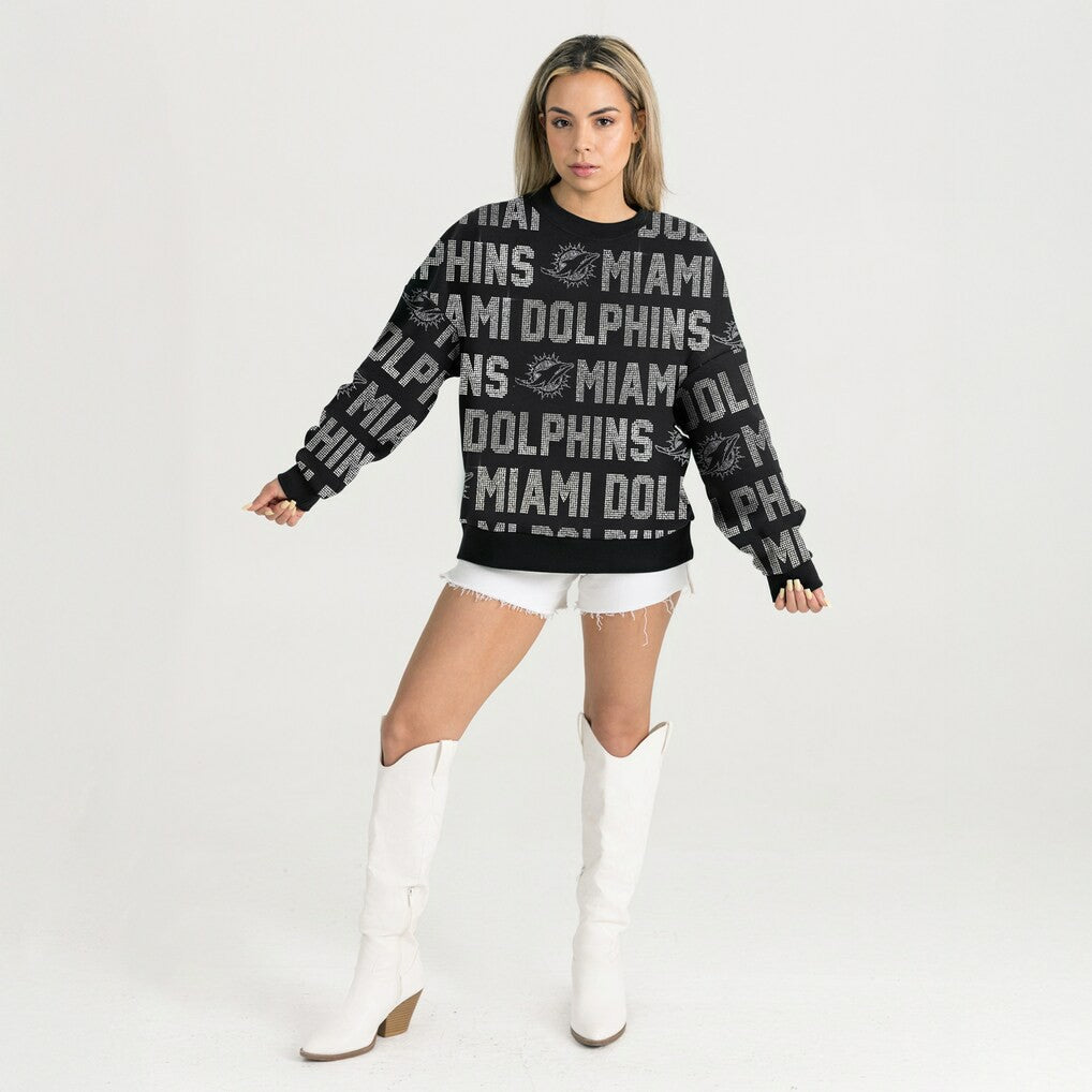 Miami Dolphins Gameday Couture Women's Oversized Hype Era Rhinestone Text Sweatshirt Black