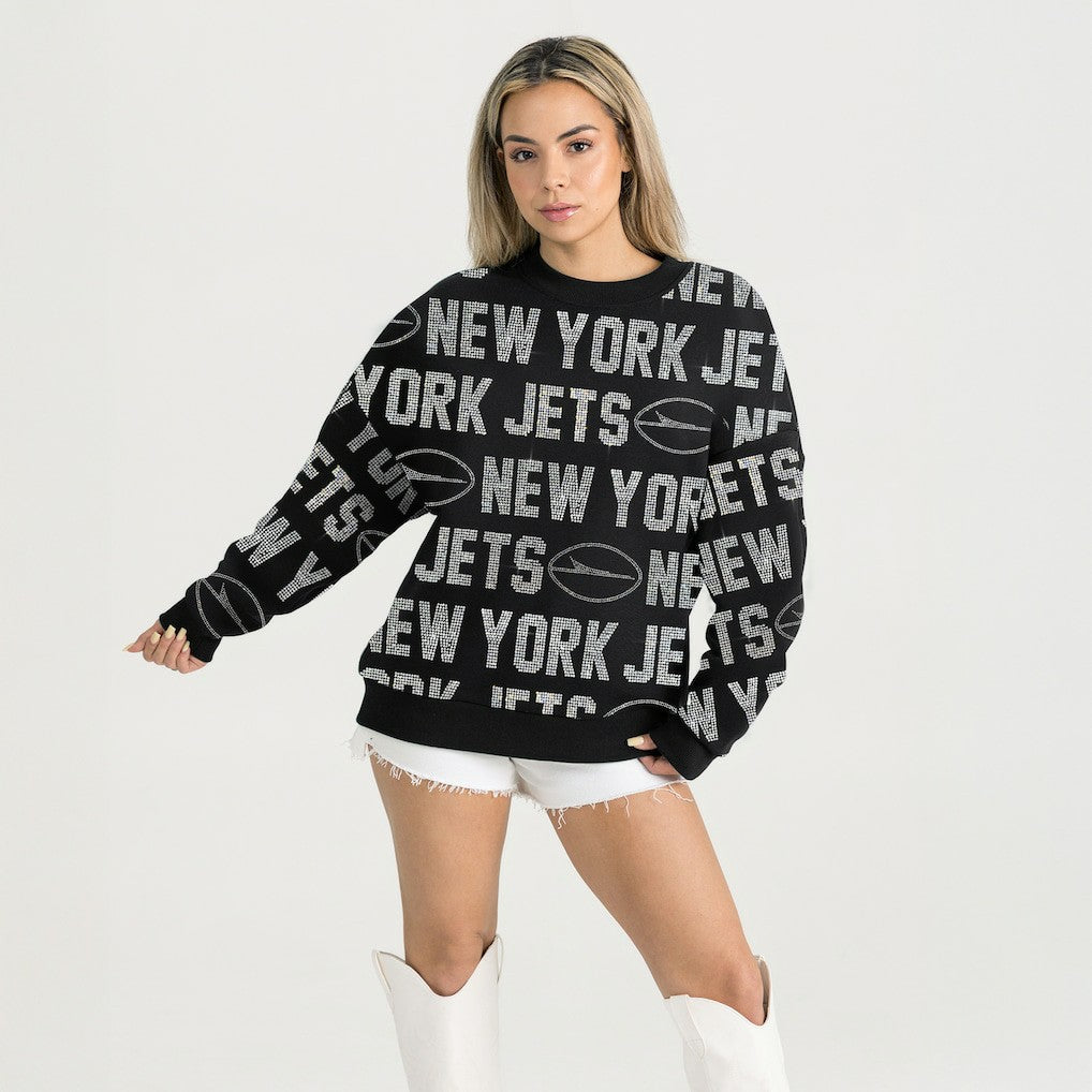 New York Jets Gameday Couture Women's Oversized Hype Era Rhinestone Text Sweatshirt Black