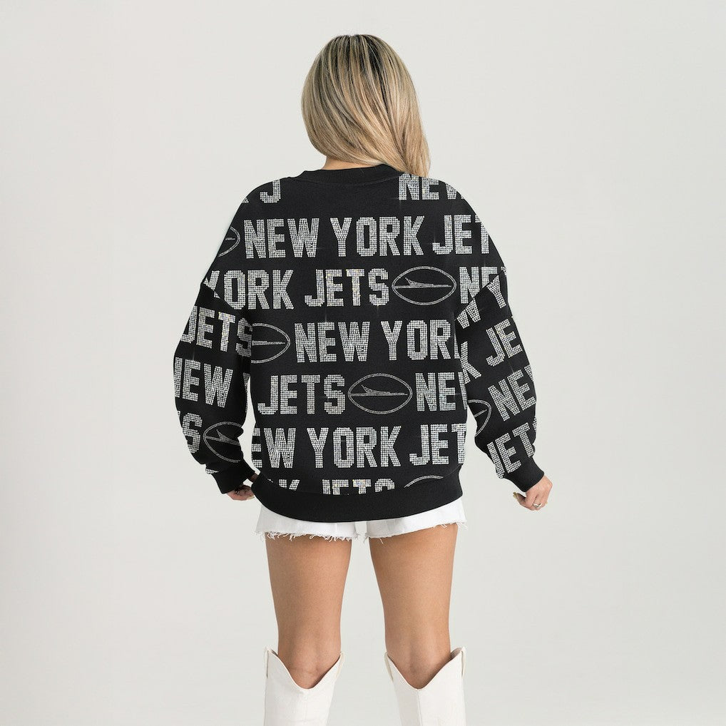 New York Jets Gameday Couture Women's Oversized Hype Era Rhinestone Text Sweatshirt Black