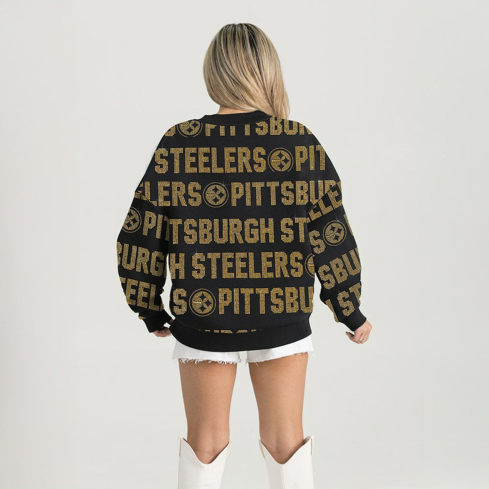 Pittsburgh Steelers Gameday Couture Women's Oversized Hype Era Rhinestone Text Sweatshirt Black