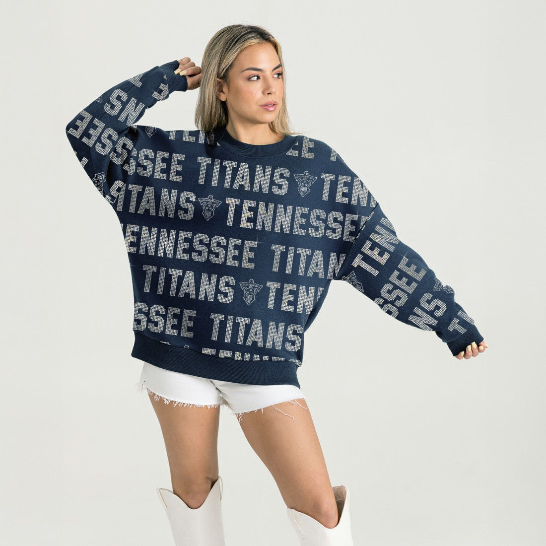 Tennessee Titans Gameday Couture Women's Oversized Hype Era Rhinestone Text Sweatshirt Navy