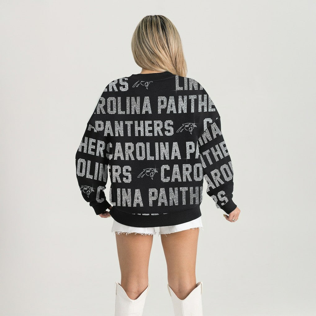 Carolina Panthers Gameday Couture Women's Oversized Hype Era Rhinestone Text Sweatshirt Black