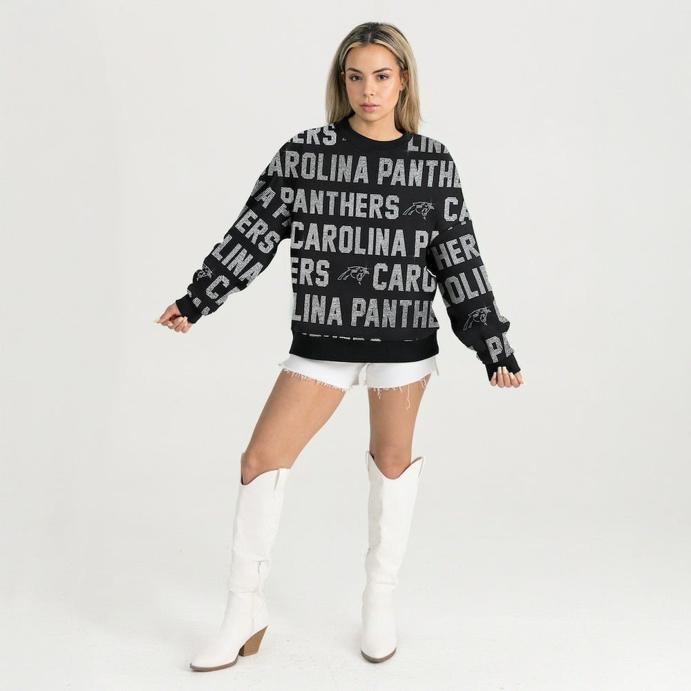 Carolina Panthers Gameday Couture Women's Oversized Hype Era Rhinestone Text Sweatshirt Black