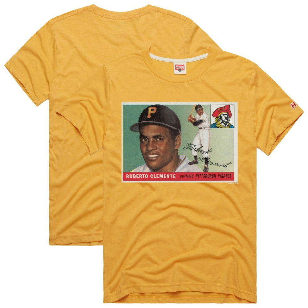 Roberto Clemente Pittsburgh Pirates Homage 1955 Topps Baseball Card Player Tri-Blend T-Shirt - Gold T-shirts