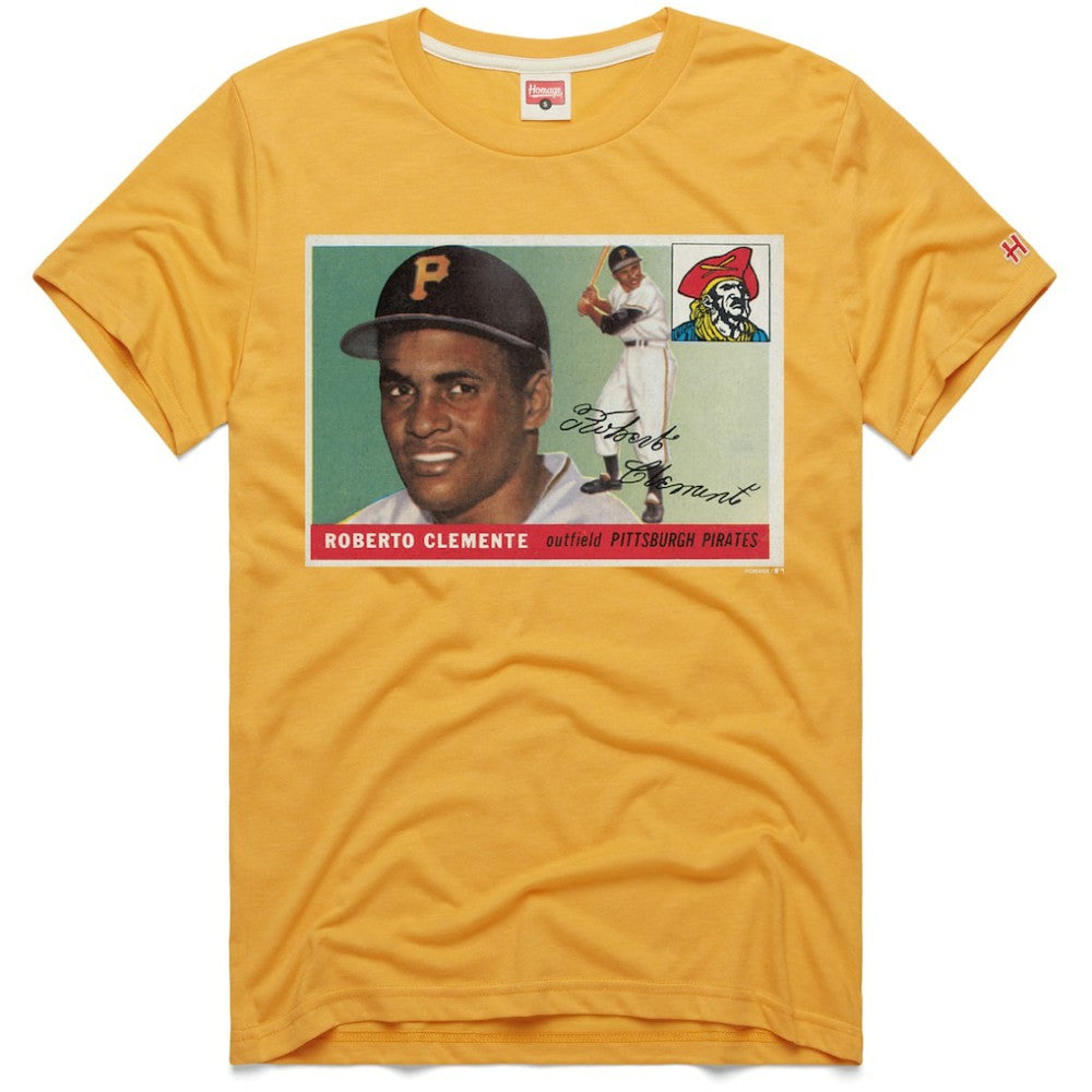 Roberto Clemente Pittsburgh Pirates Homage 1955 Topps Baseball Card Player Tri-Blend T-Shirt - Gold T-shirts