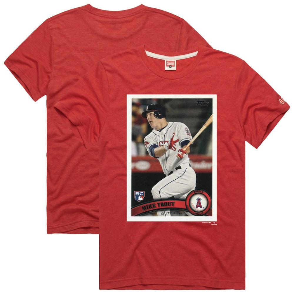 Mike Trout Los Angeles Angels Homage 2011 Topps Baseball Card Player T-Shirt - Red T-shirts