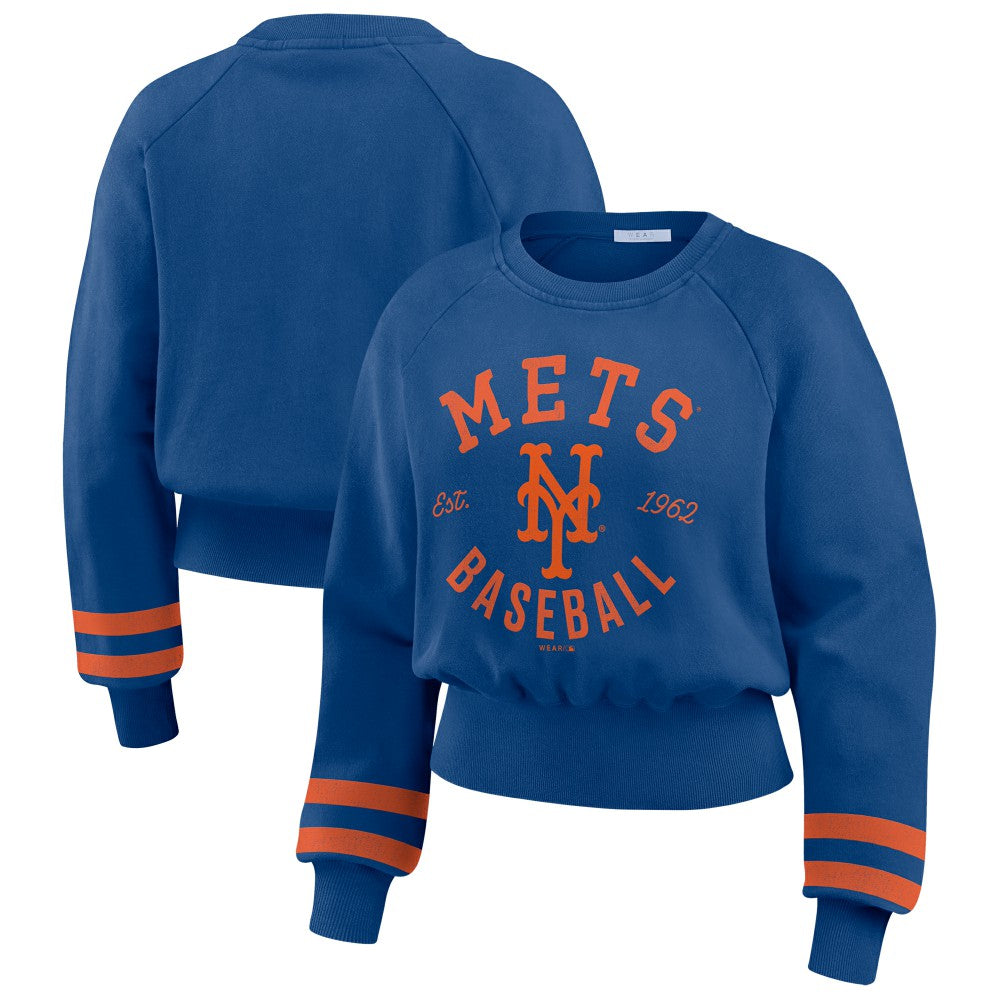 New York Mets WEAR by Erin Andrews Women's Vintage Washed Cropped Pullover Sweatshirt - Royal Pullover