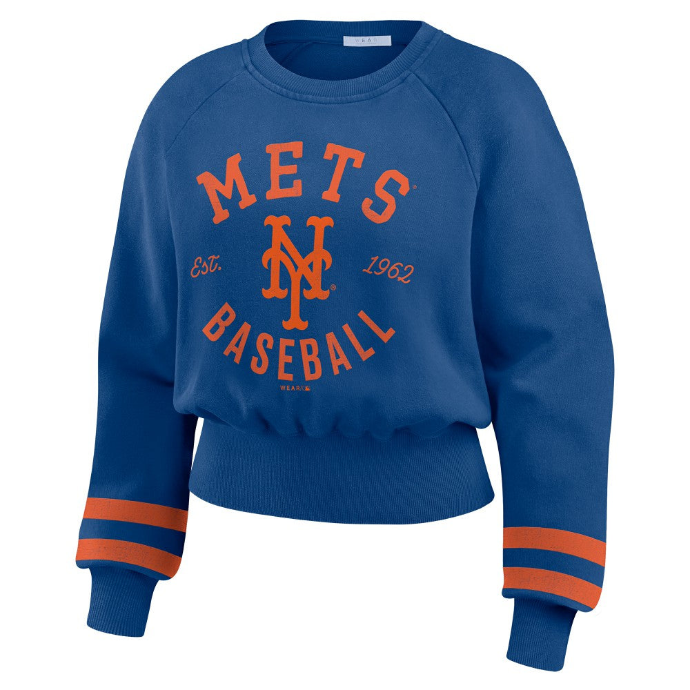 New York Mets WEAR by Erin Andrews Women's Vintage Washed Cropped Pullover Sweatshirt - Royal Pullover