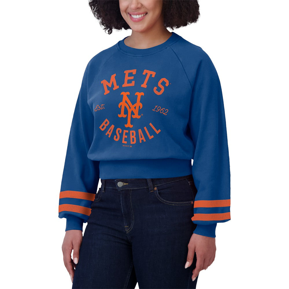 New York Mets WEAR by Erin Andrews Women's Vintage Washed Cropped Pullover Sweatshirt - Royal Pullover