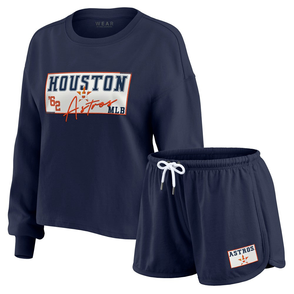 Houston Astros WEAR by Erin Andrews Women's Heavy Rugby Jersey Cropped Long Sleeve T-Shirt & Shorts Lounge Set - Navy Jerseys