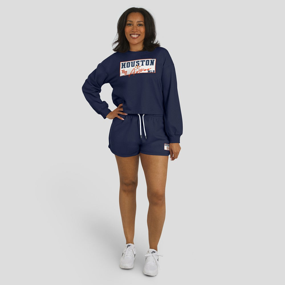 Houston Astros WEAR by Erin Andrews Women's Heavy Rugby Jersey Cropped Long Sleeve T-Shirt & Shorts Lounge Set - Navy Jerseys