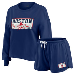 Boston Red Sox WEAR by Erin Andrews Women's Heavy Rugby Jersey Cropped Long Sleeve T-Shirt & Shorts Lounge Set - Navy Jerseys