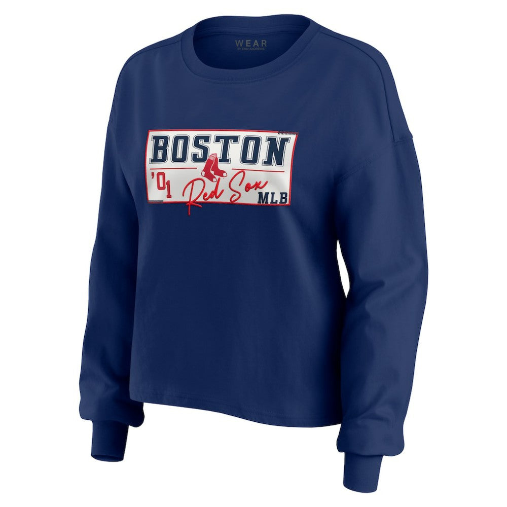 Boston Red Sox WEAR by Erin Andrews Women's Heavy Rugby Jersey Cropped Long Sleeve T-Shirt & Shorts Lounge Set - Navy Jerseys