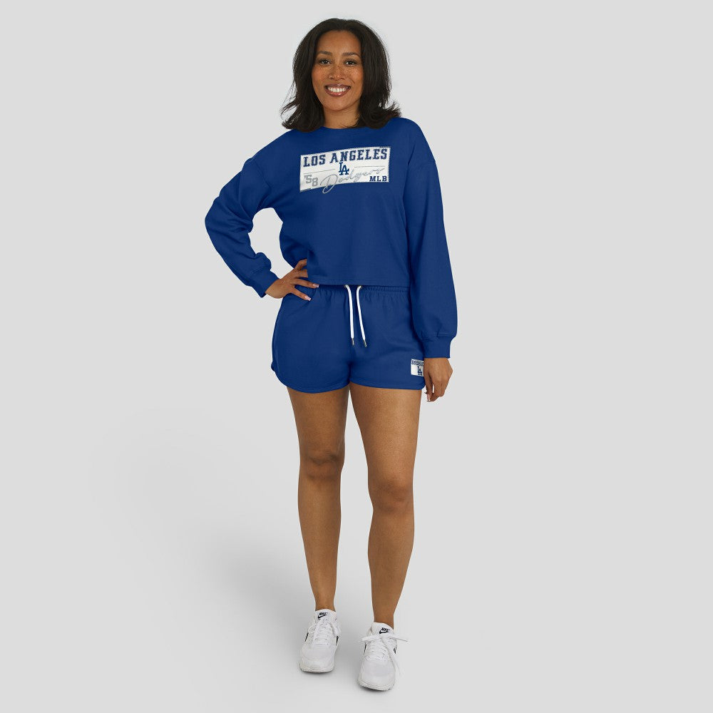 Los Angeles Dodgers WEAR by Erin Andrews Women's Heavy Rugby Jersey Cropped Long Sleeve T-Shirt & Shorts Lounge Set - Royal Jerseys