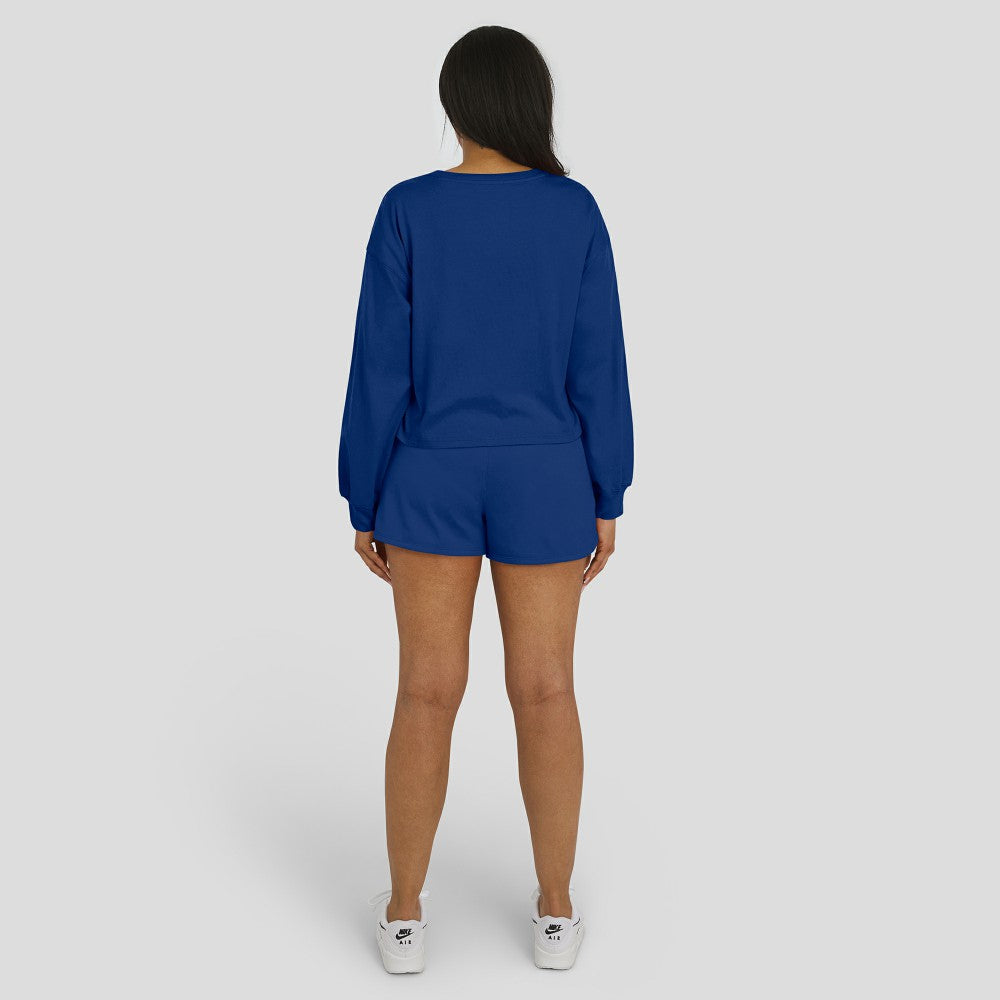 Los Angeles Dodgers WEAR by Erin Andrews Women's Heavy Rugby Jersey Cropped Long Sleeve T-Shirt & Shorts Lounge Set - Royal Jerseys