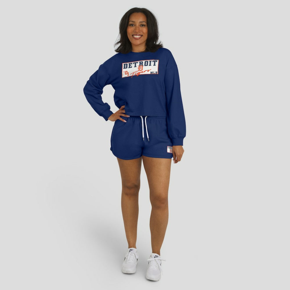 Detroit Tigers WEAR by Erin Andrews Women's Heavy Rugby Jersey Cropped Long Sleeve T-Shirt & Shorts Lounge Set - Navy Jerseys