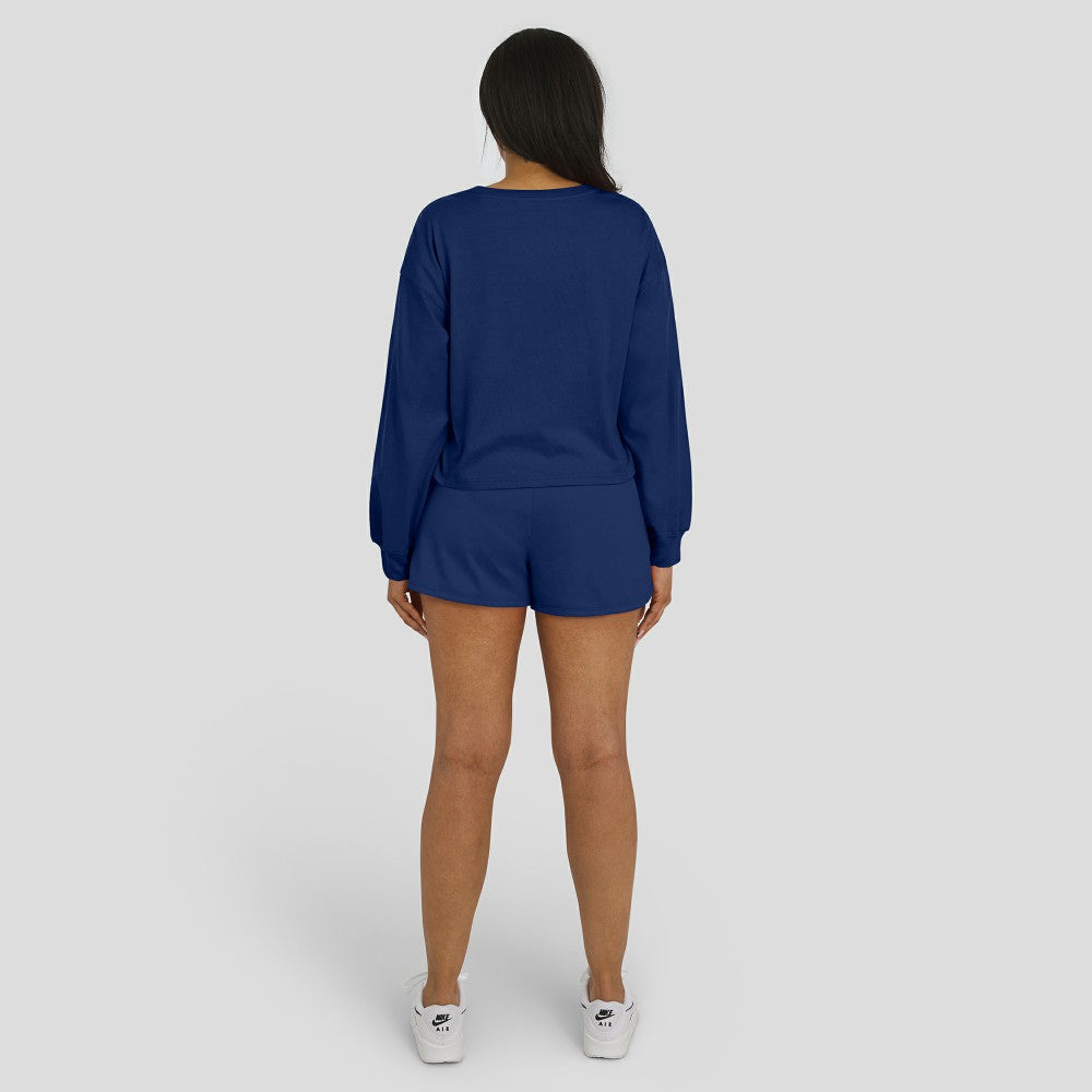 Cleveland Guardians WEAR by Erin Andrews Women's Heavy Rugby Jersey Cropped Long Sleeve T-Shirt & Shorts Lounge Set - Navy Jerseys