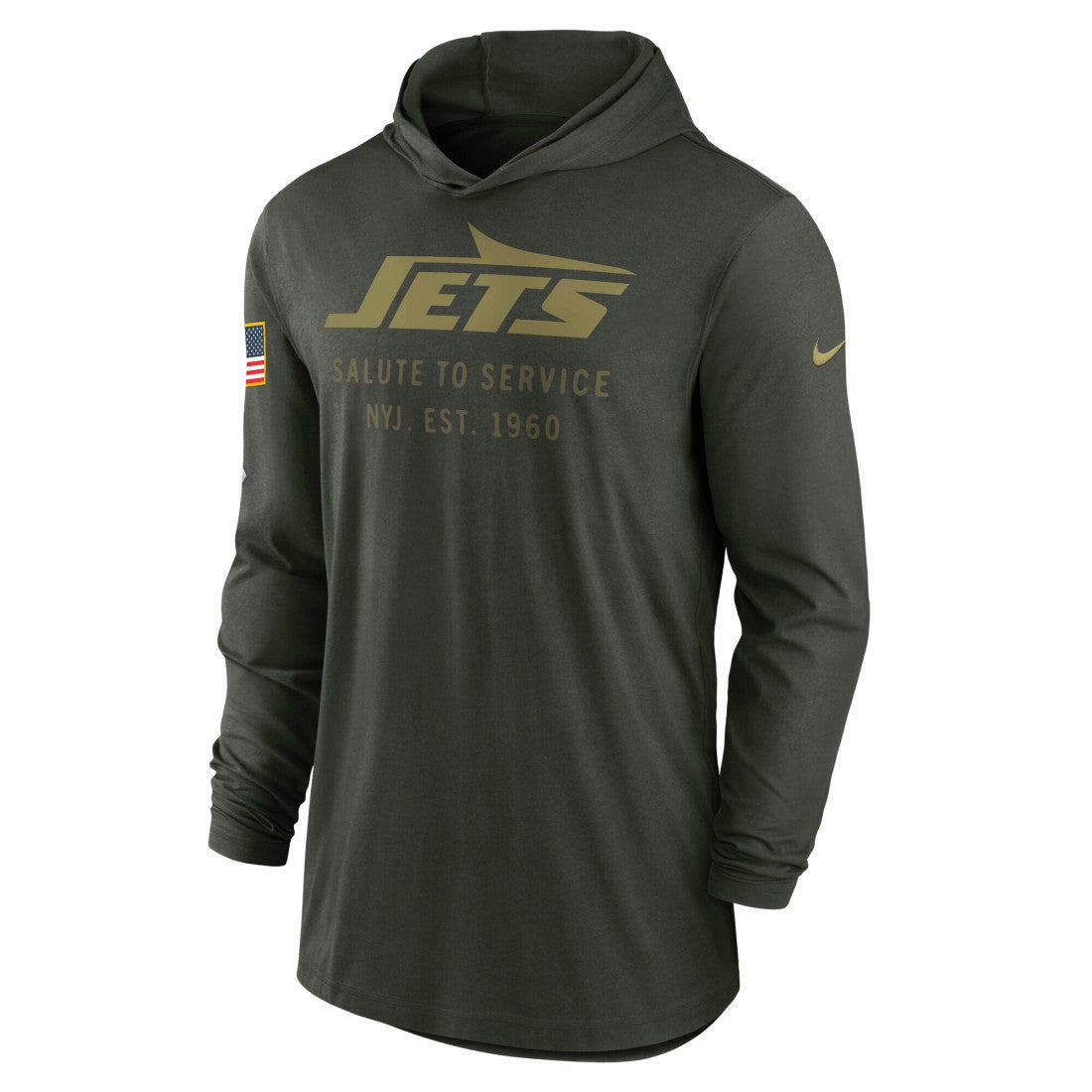 New York Jets 2025 Salute to Service Sideline Dri-FIT Lightweight Hooded Pullover Forest Green