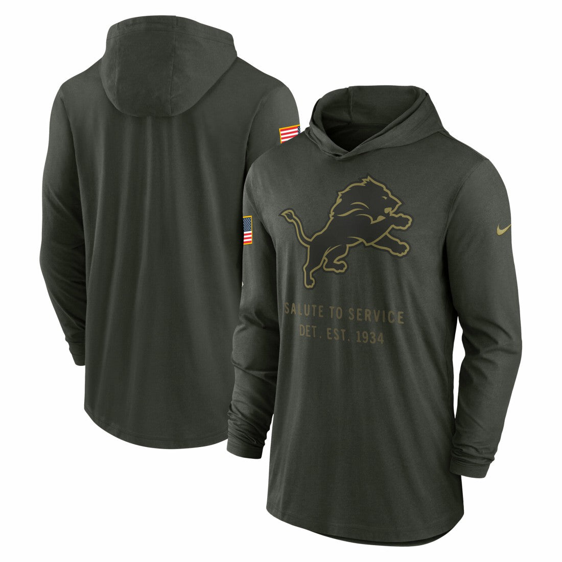 Detroit Lions 2025 Salute to Service Sideline Dri-FIT Lightweight Hooded Pullover Forest Green