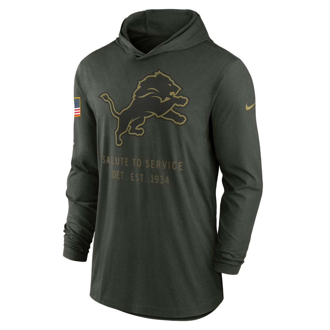Detroit Lions 2025 Salute to Service Sideline Dri-FIT Lightweight Hooded Pullover Forest Green