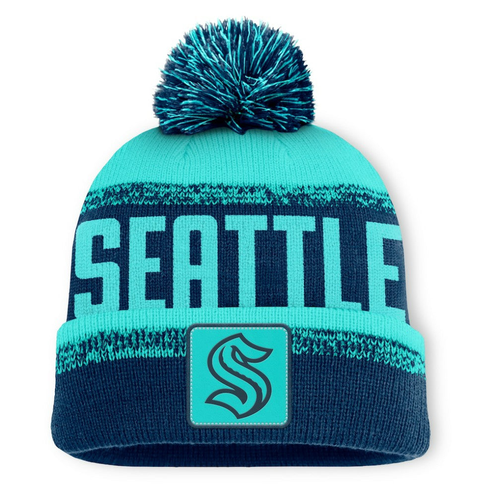 NHL Seattle Kraken Fanatics Fundamentals Thrive Cuffed Knit Hat with Pom - Deep Sea Blue/Light Blue