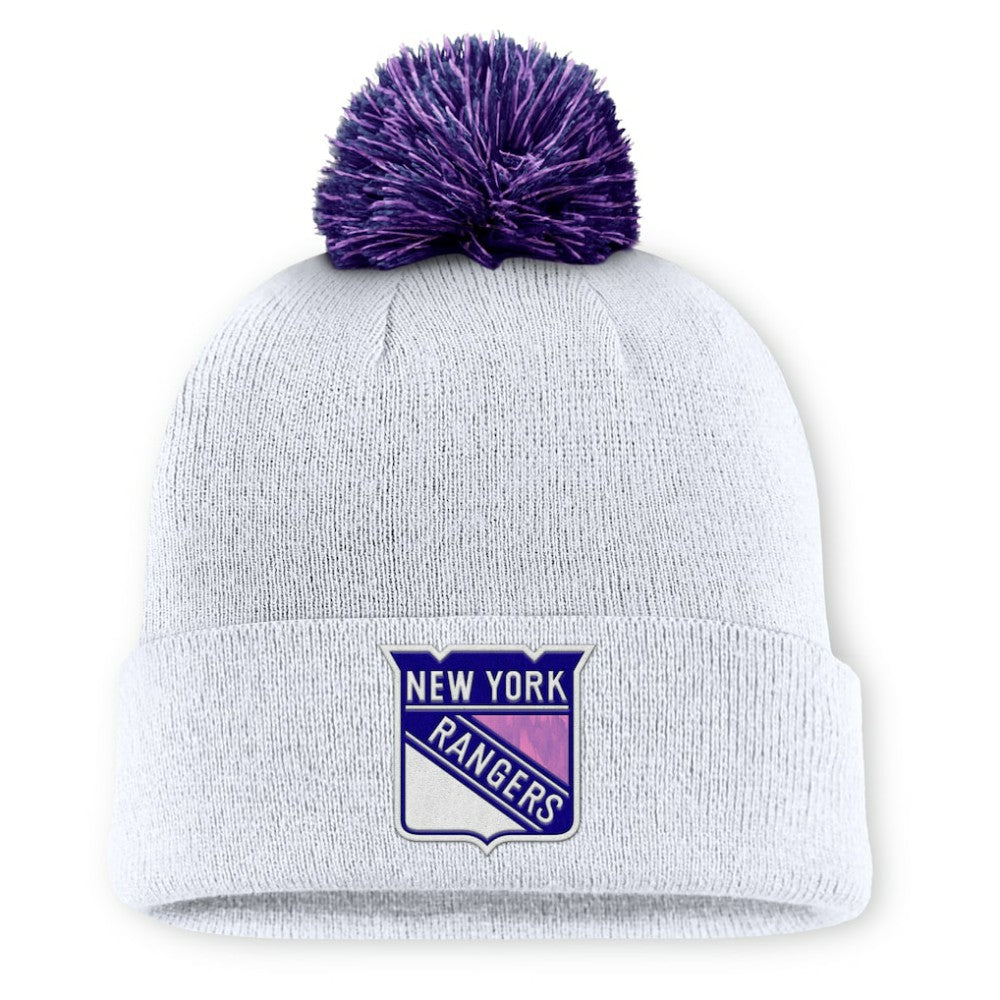 NHL New York Rangers Fanatics Authentic Pro Hockey Fights Cancer Cuffed Knit Hat with Pom - White