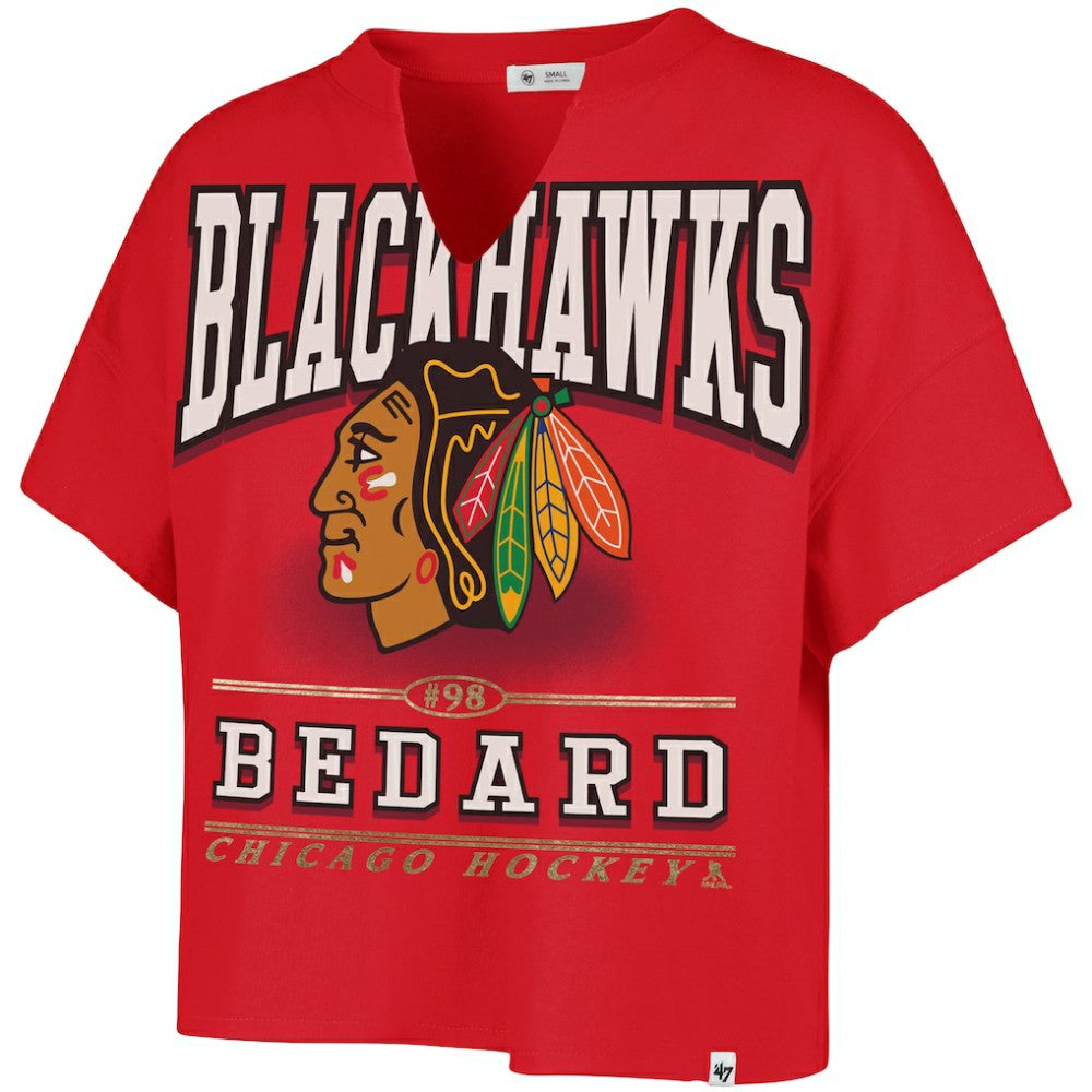 NHL Connor Bedard Chicago Blackhawks '47 Women's Elation Name & Number Oversized Notch Neck T-Shirt - Red