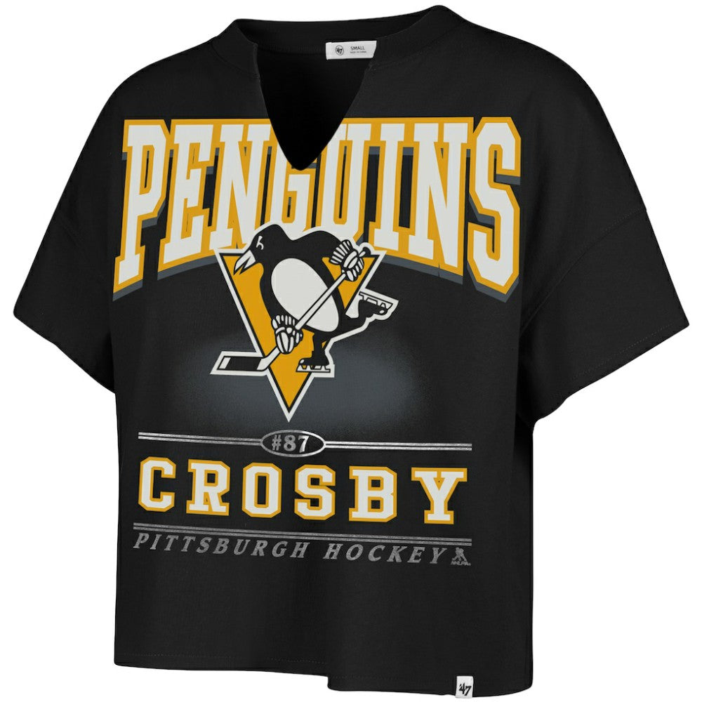 NHL Sidney Crosby Pittsburgh Penguins '47 Women's Elation Name & Number Oversized Notch Neck T-Shirt - Black